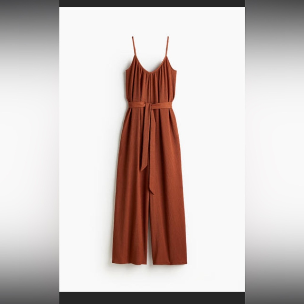 Rust Sleeveless Tie Jumpsuit- Jersey material with pockets!